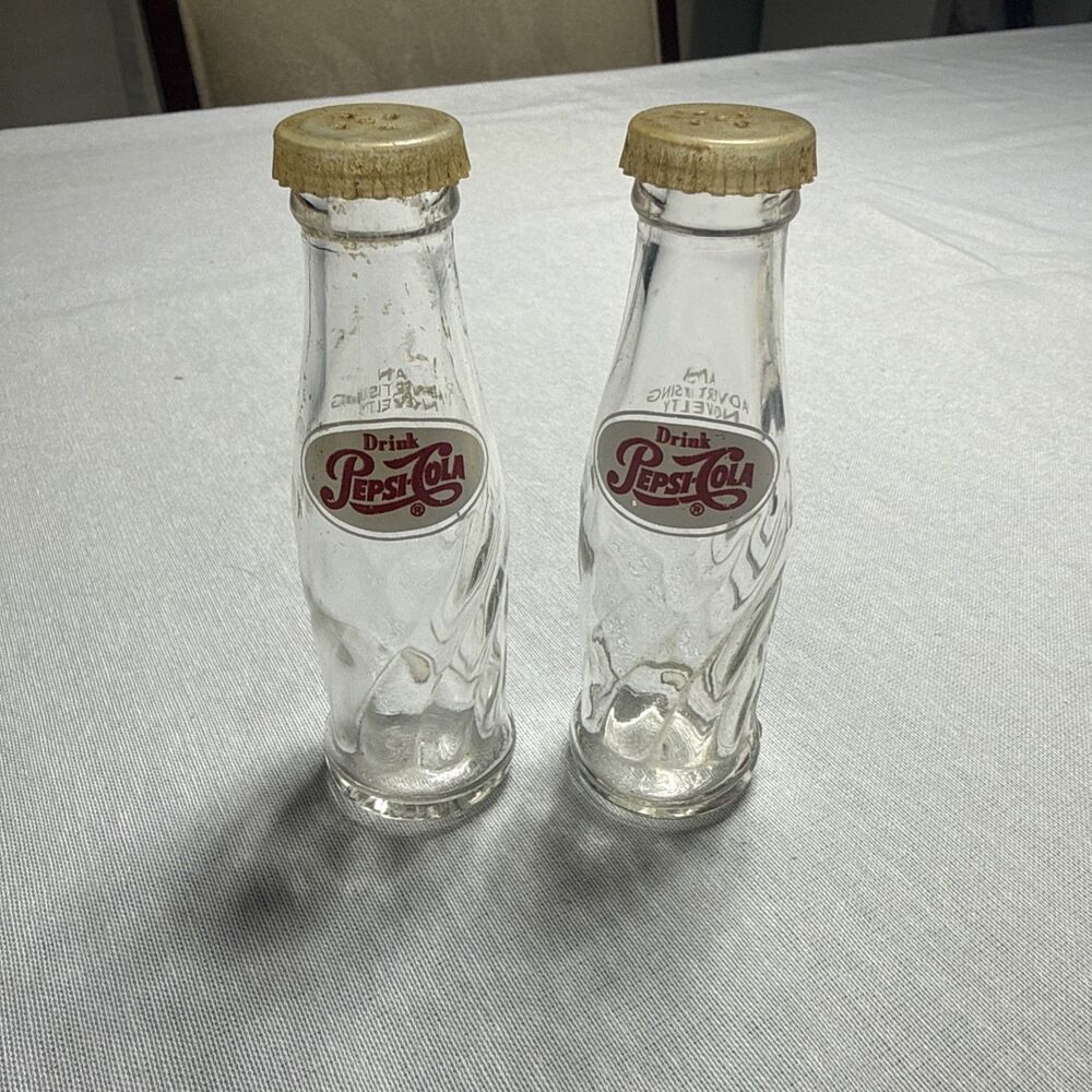 2 Miniature Pepsi Swirl Glass Bottles w/Caps Approx. 2.5 inches tall